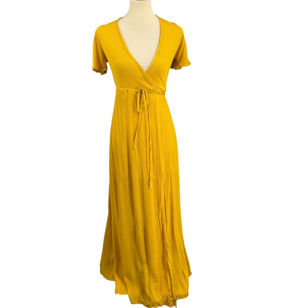 Lulus Maxi Dress Size XS Yellow Wrap Short Sleeve Lightweight Summer